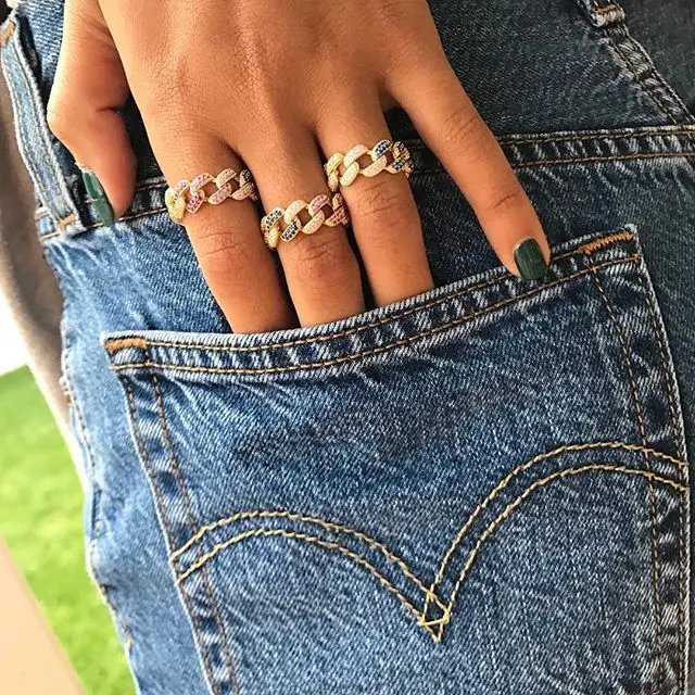 Женское кольцо с кубинской цепью золотого цвета в стиле хип хоп микрозакрепкой