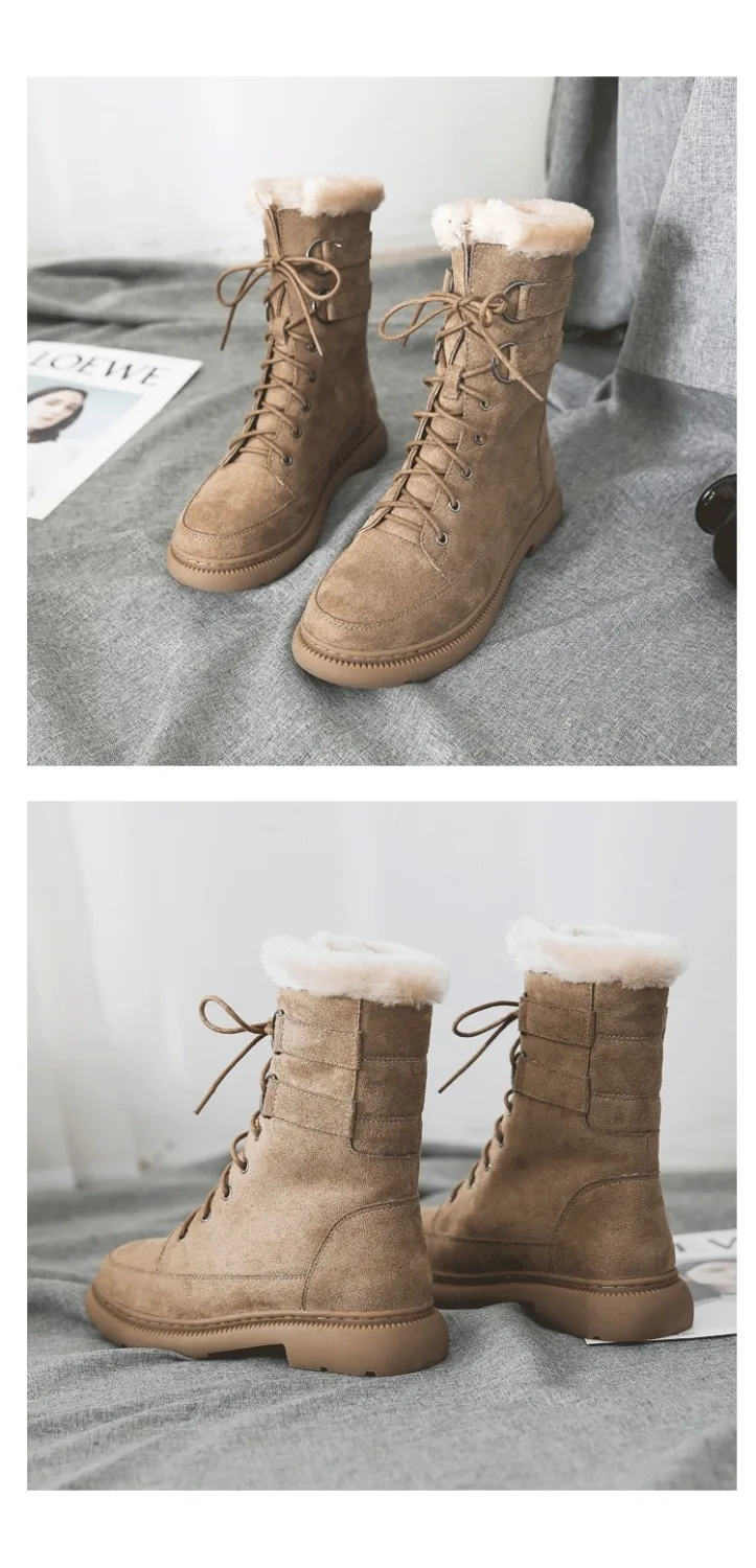 Женские зимние ботинки; нескользящие Полусапоги; Botas Mujer; теплая зимняя обувь до середины икры на платформе с толстым мехом; британский стиль; Цвет черный, бежевый