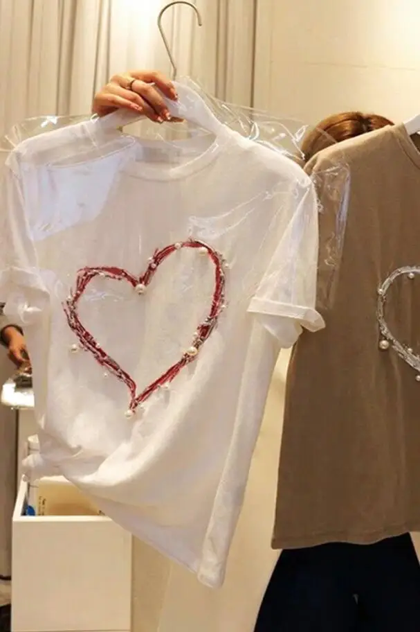 

Korean Summer New Love Nail Bead Short Sleeve Heavy Industry T Shirt Women Fashion Casual Versatile Loose Tees Tops s745