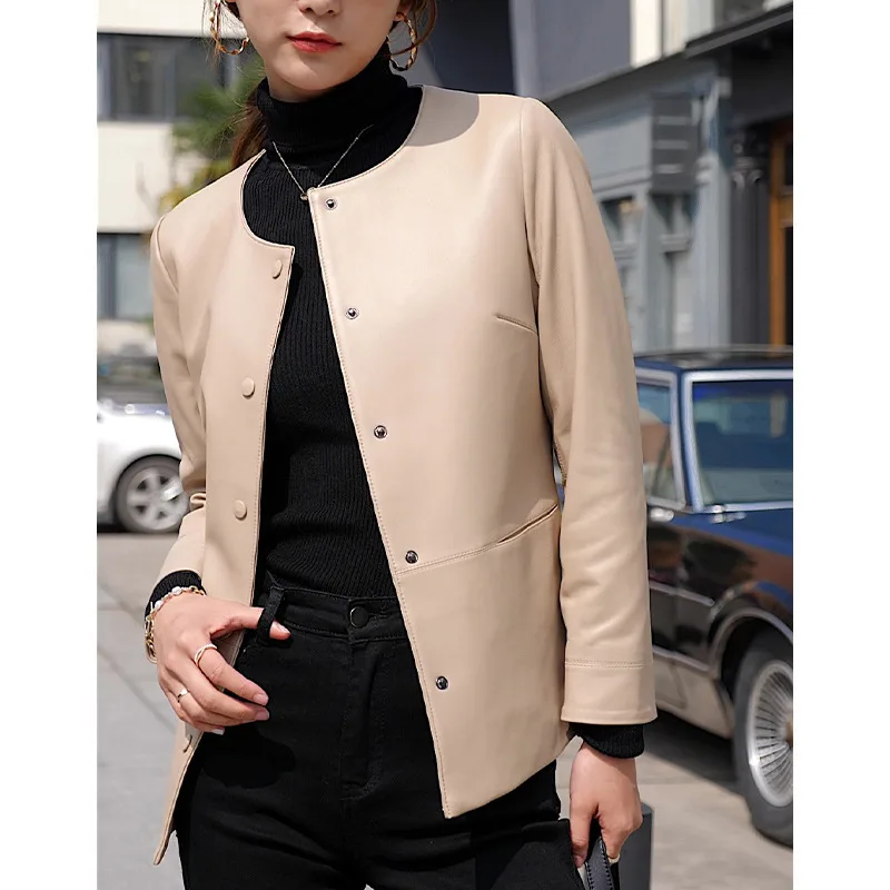 Spring Autumn Fashion New Sheepskin Jacket for Women Leather Casual Round Neck Khaki Sheath Short Covered Button High-end Coat