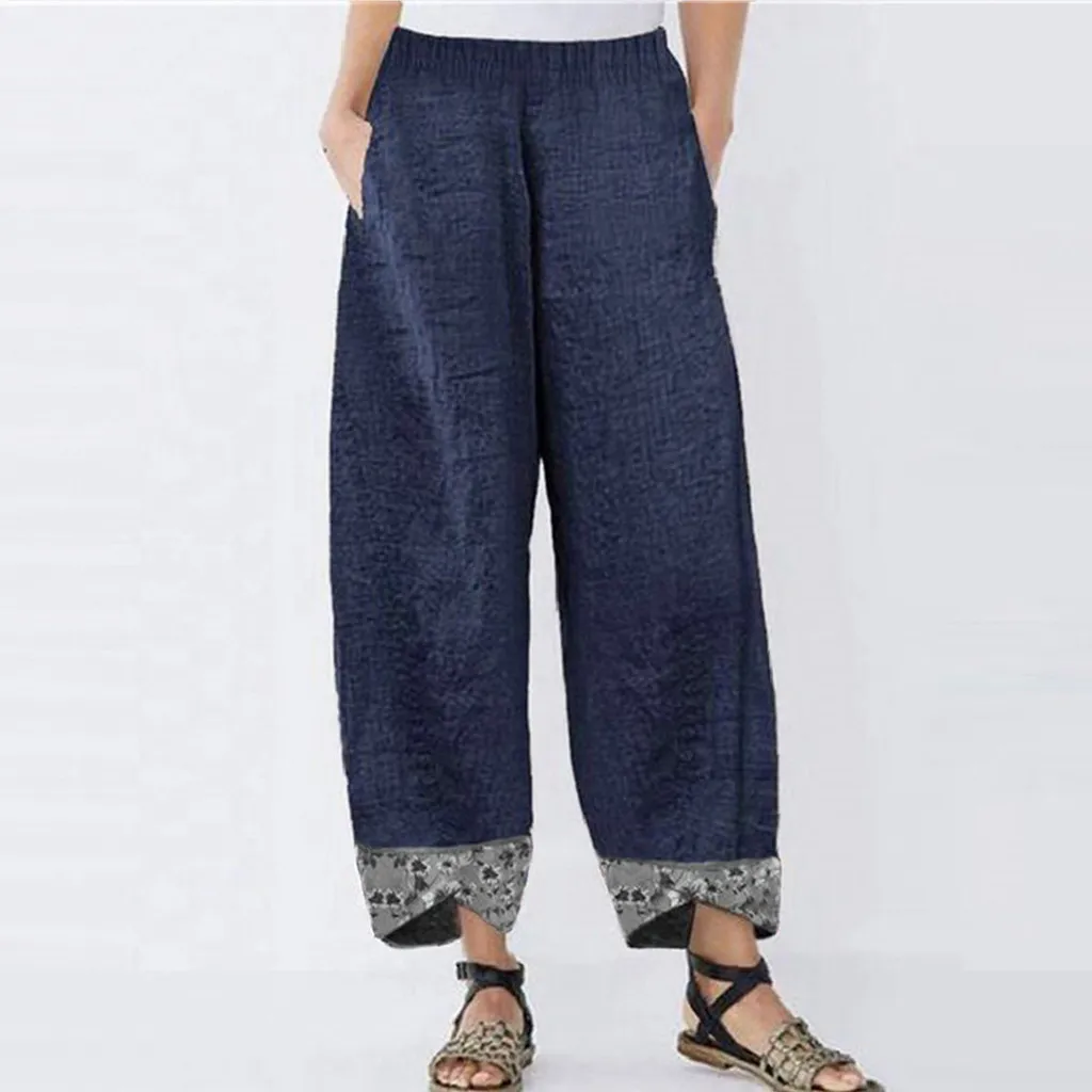 

2021Women Cotton Linen Vintage Pants Summer Elastic Waist Irregular Trousers Pantalon Casual Print Cropped Pants Plus Size 5XL
