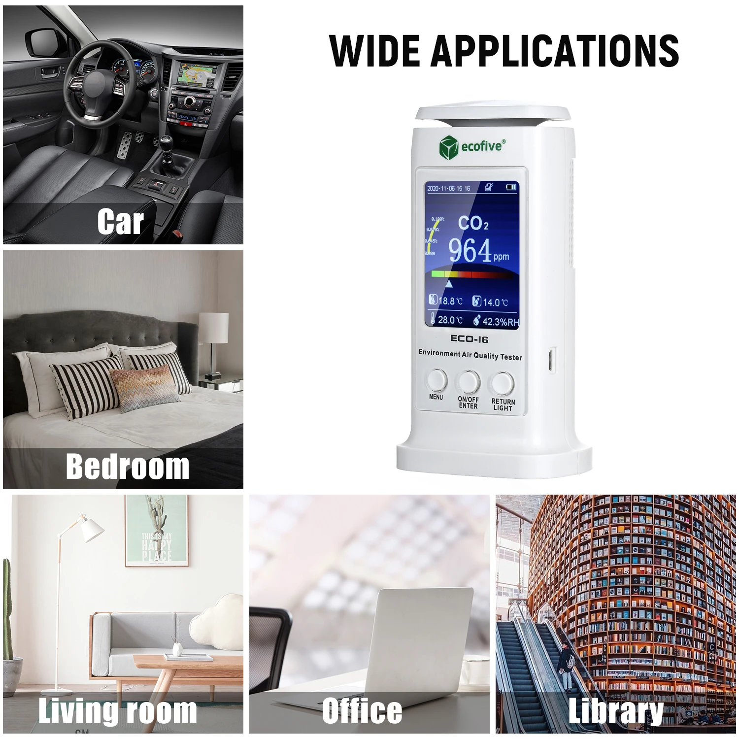 

CO2 Monitor Carbon Dioxide Tester Air Quality Detector Colorful LCD Screen USB Rechargeable CO2 Meter Temperature Humidity