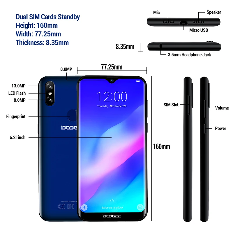 Смартфон DOOGEE Y8 Plus Android 9 0 MTK6761 3 Гб ОЗУ 32 ПЗУ FDD LTE 6 21 дюймов 19:9 экран 4000 мАч две