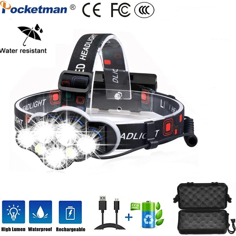 Мощный налобный светильник 8000 Люмен супер яркий светодиодный 7 белый красный USB