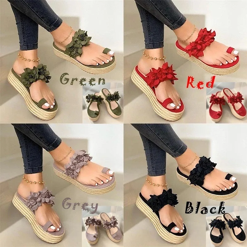 Женские сандалии на танкетке высоком каблуке с цветочным принтом повседневные