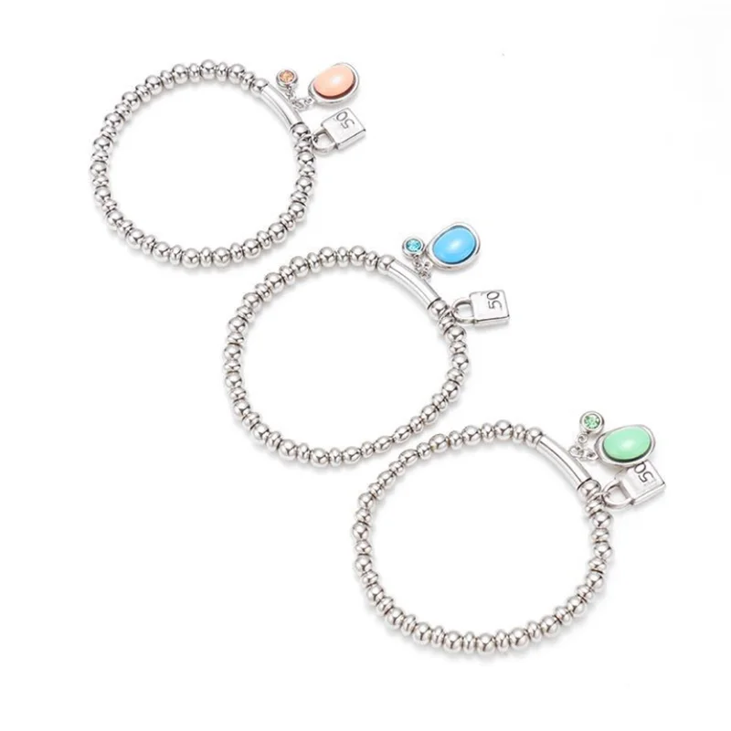 

New Fashion Stainless Steel Bracelet Simple 6mm Bead Chain Lock Resin Rhinestone CZ Woman Bracelet UNO Jewelry Gifts