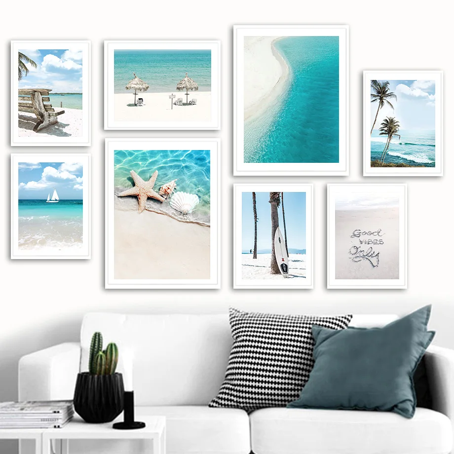 

Beach Palm Coconut Tree Starfish Surfboard Sea Wall Art Print Canvas Painting Nordic Poster Wall Pictures For Living Room Decor