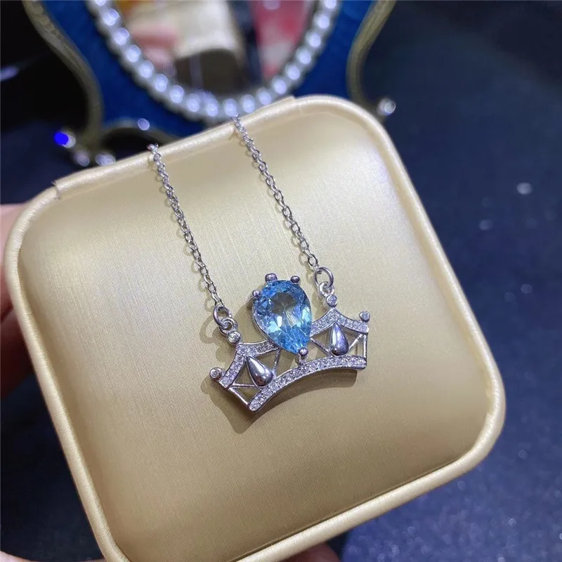 100% Natural Topaz Pendant for Party 7*10mm Light Blue Topaz Necklace Pendant 925 Silver Topaz Jewelry