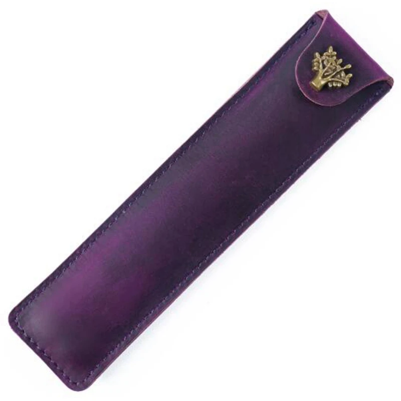

2x Genuine Leather Pen Pouch Holder Single Pencil Bag Pen Case with Snap Button Green & Purple