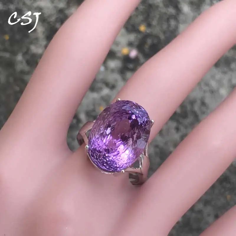 CSJ 100% натуральное кольцо с аметистом Стерлинговое Серебро 925 пробы овальное