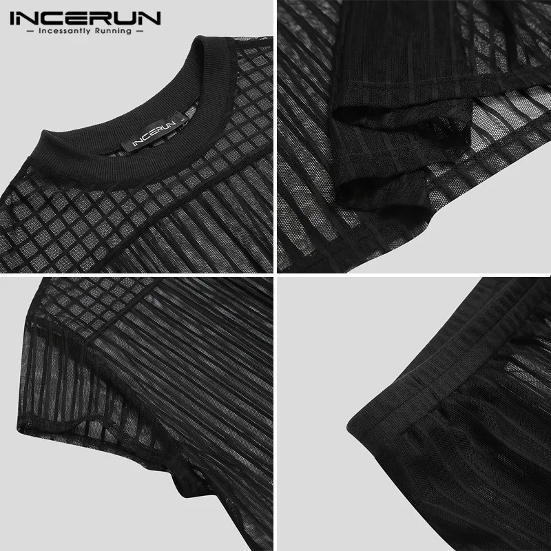 

Men Fashion Mesh Sets Sexy Nightclub Short Sleeve O Neck Tops Elastic Shorts 2 Pieces INCERUN Man Striped Transparent Suits 5XL