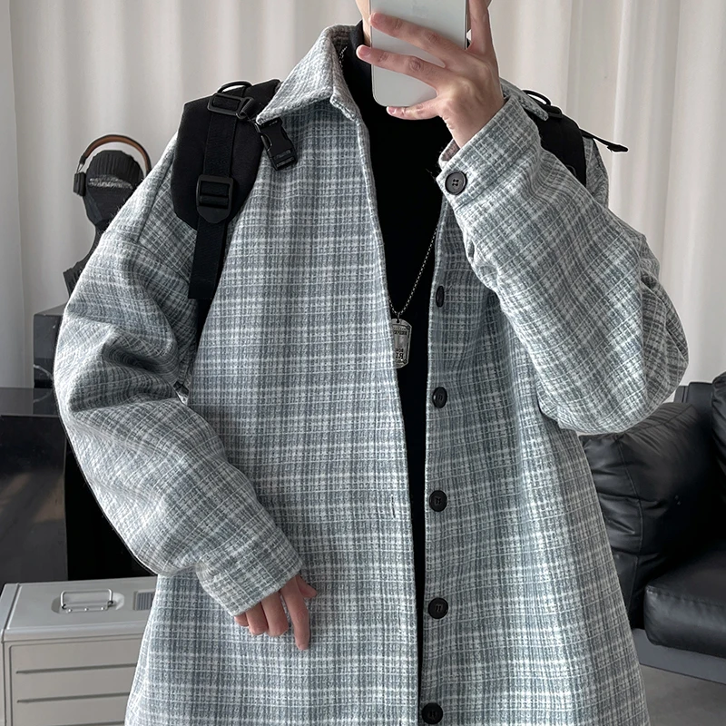

Новинка 2021, стильная мужская Весенняя Высококачественная шерстяная куртка/мужской Молодежный жизнерадостный свободный клетчатый тренчко...
