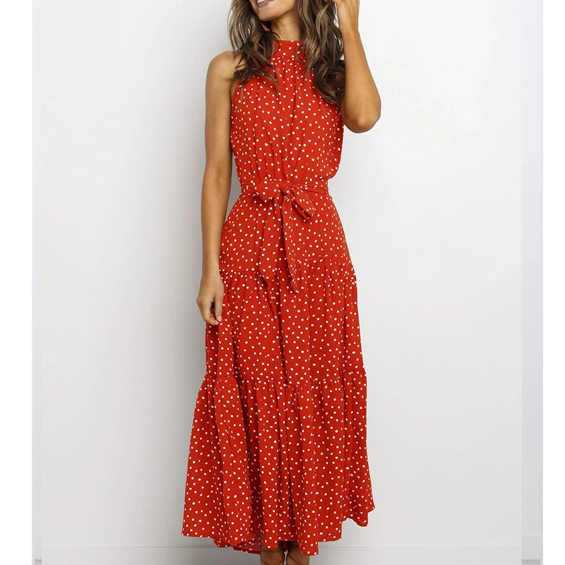 

Bohemian Style Sexy Halter Neck Strapless Round High Neck Fashion Long Lace-up Print Pullover Dress Casual Travel Slim Skirt