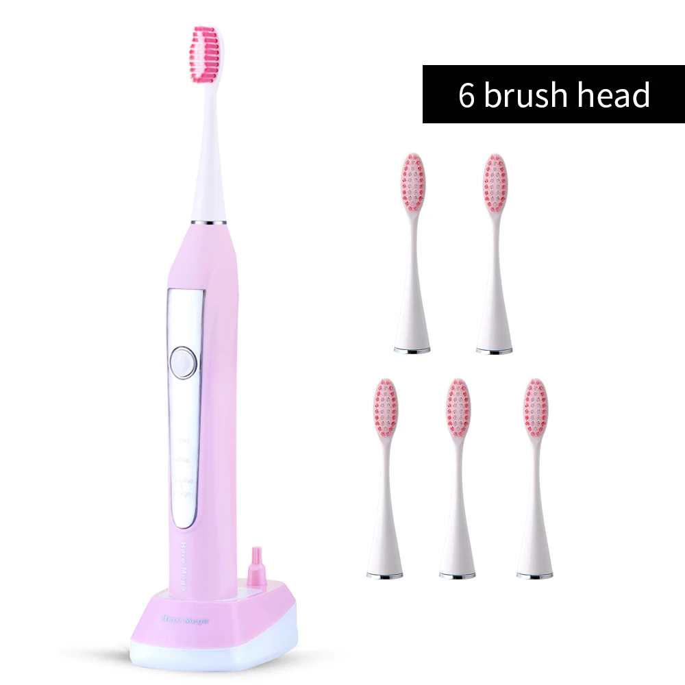 606 pINK 6hEAD Здесь Мега звуковая электрическая зубная щетка Ультра звуковая Автоматическая перезаряжаемая взрослая зубная щетка Сменные отбеливающие водонепроницаемые головки - Цвет: 606 pINK 6hEAD