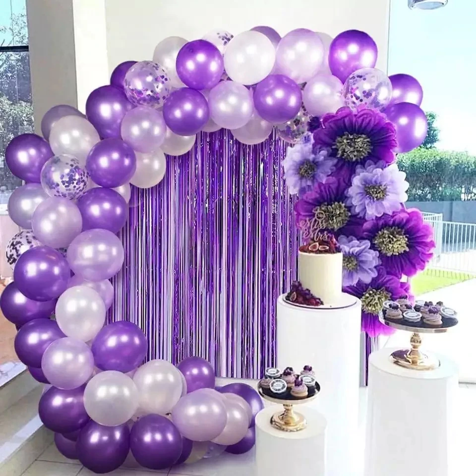 Kit de guirnalda de globos blancos y morados, cortina de oropel púrpura y púrpura para suministros de boda, decoraciones para fiesta de cumpleaños, 124 piezas