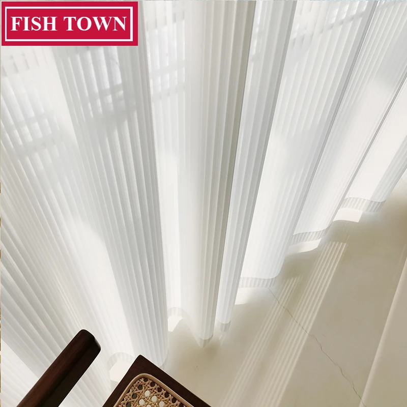 Fish Town Strip Blinds Style Solid White Sheer Curtains for Living Room Bedroom Decoration Window Voiles Tulle Curtain