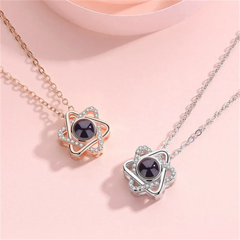 

Hot Sale 100 languages I Love You Memory Projection Six-pointed Star Pendant Necklace Female Clavicle Chain Jewelry