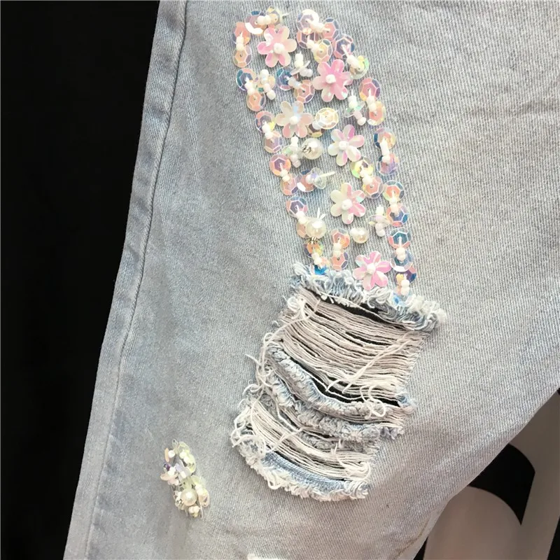 

Euro Fashion Embroidered Flares Sequins Womens Denim Pants Spring Thin Hole Ripped Loose Ankle Length Female Straight Trousers