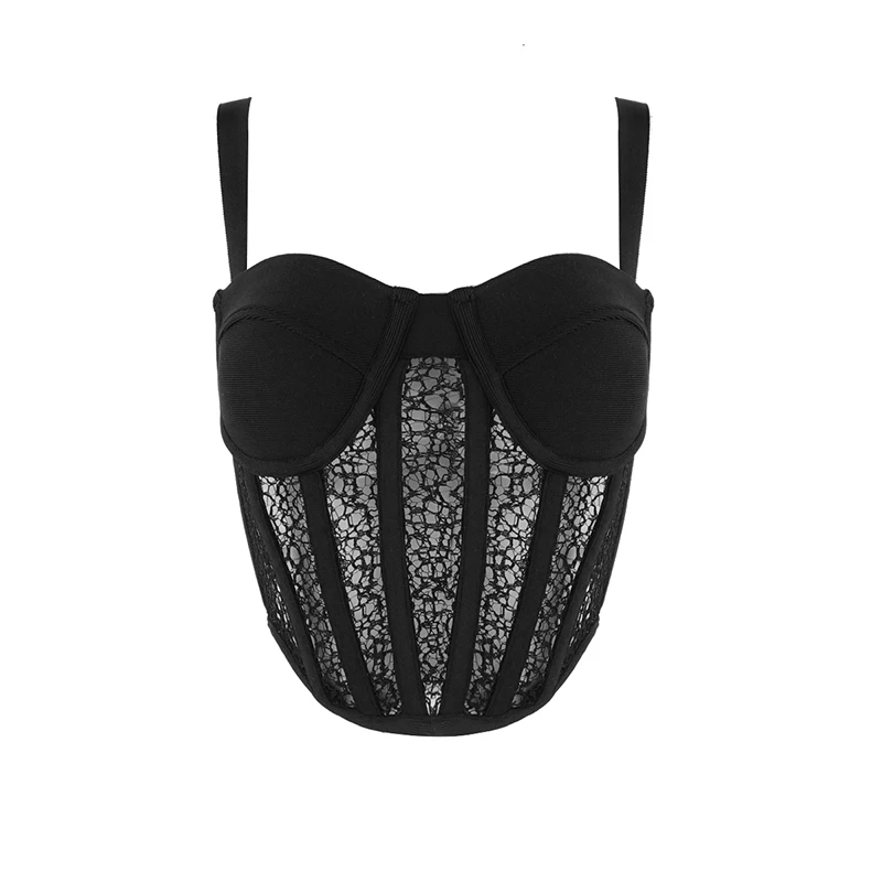 Sexy Women Tank Crop Top Camisole Ladies Sleeveless Wrapped Chest With Pad Lace Mesh Elastic Skinny Bandage Vest Tops Women 2020
