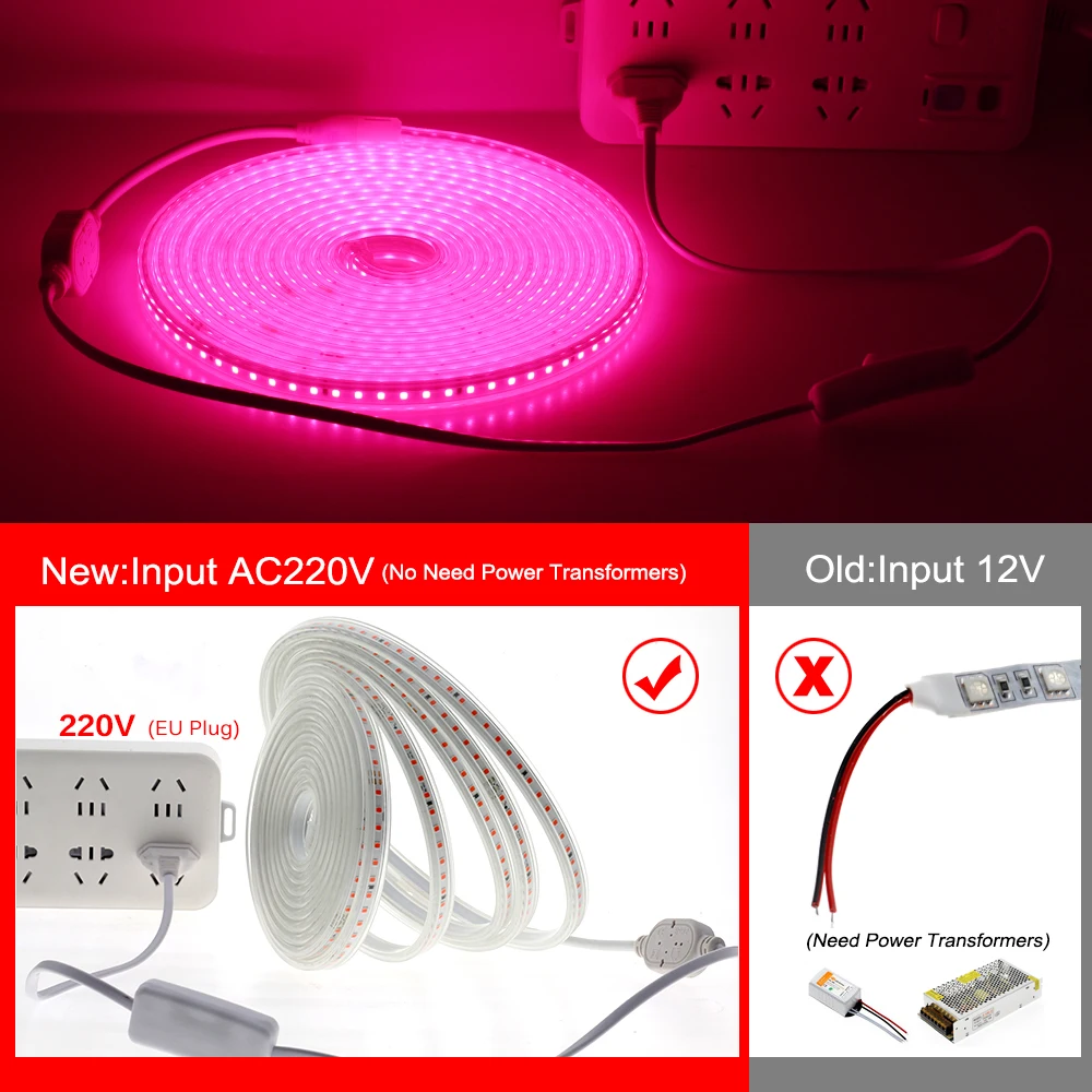 LED Grow Light 2835 Chip Waterproof Full Spectrum Strip 220V 120LEDs/M DIY Growth Lamps for Greenhouse Plant Growing | Лампы и