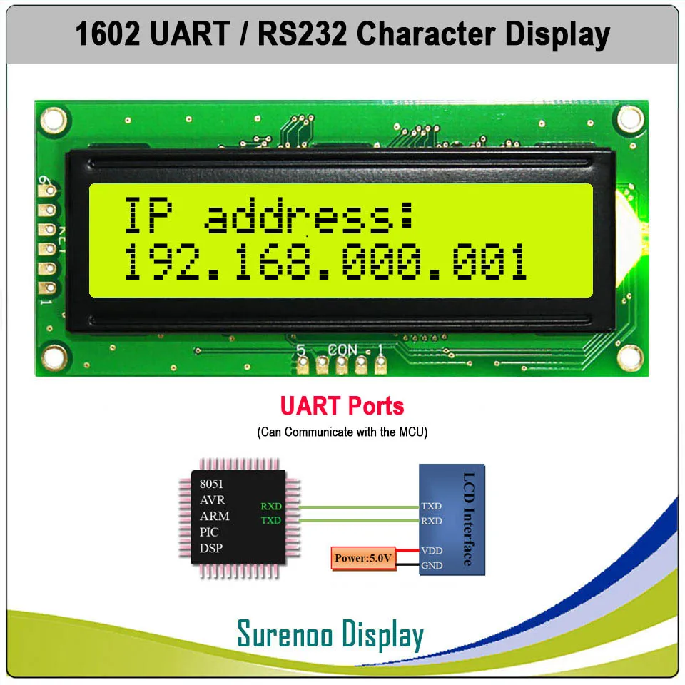 Фото Модуль ЖК-дисплея CMOS UART RS232 Serial 1602 162 16*2, LCM для Arduino, с поддержкой клавиатуры, синий, желтый, зеленый №4