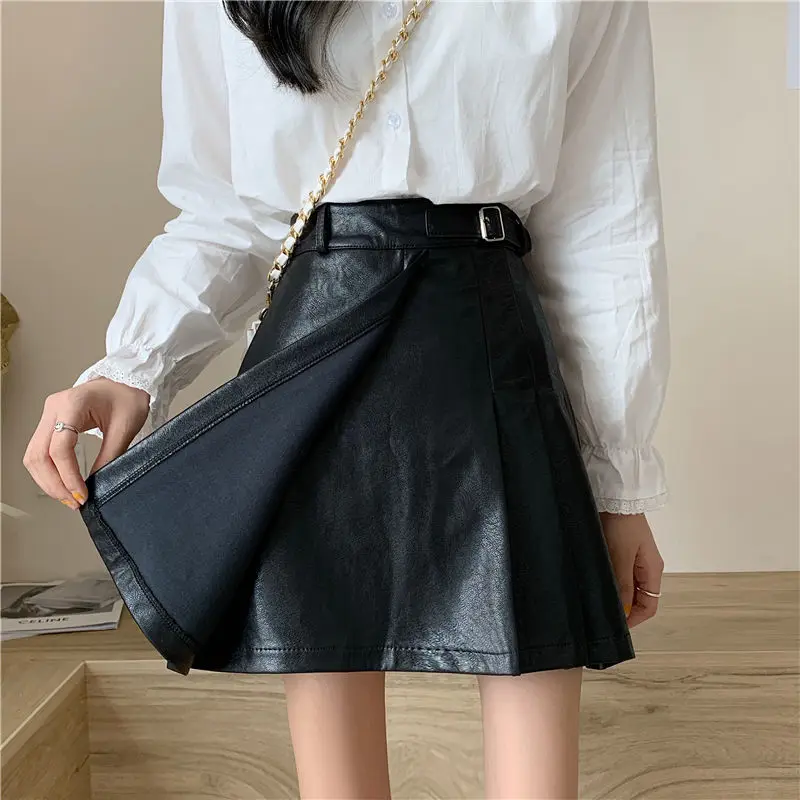Юбка женская плиссированная из искусственной кожи Милая Черная мини-юбка для