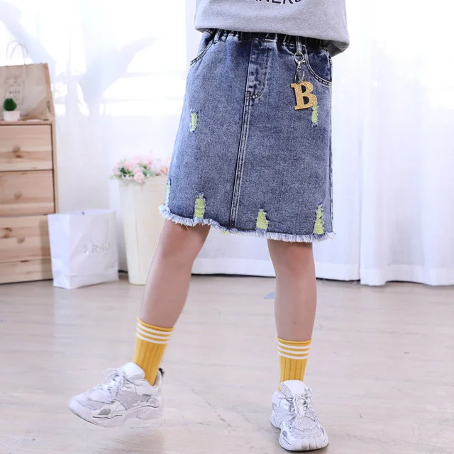 Юбки для девочек Очаровательная детская джинсовая юбка Джинсовая с разбитым