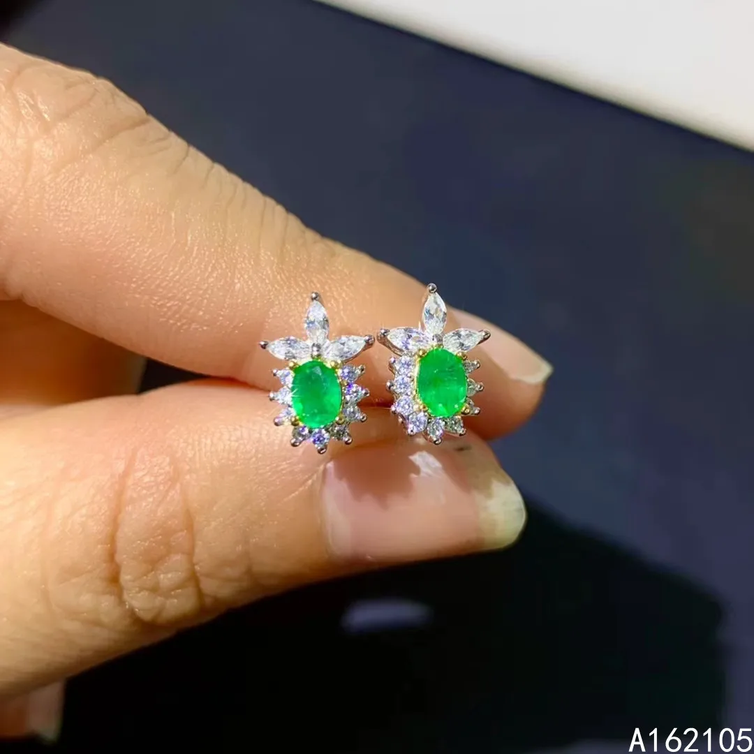 Fine jewelry 925 pure silver Chinese style natural emerald girl luxury fashion small plant gem earrings ear stud support detecti