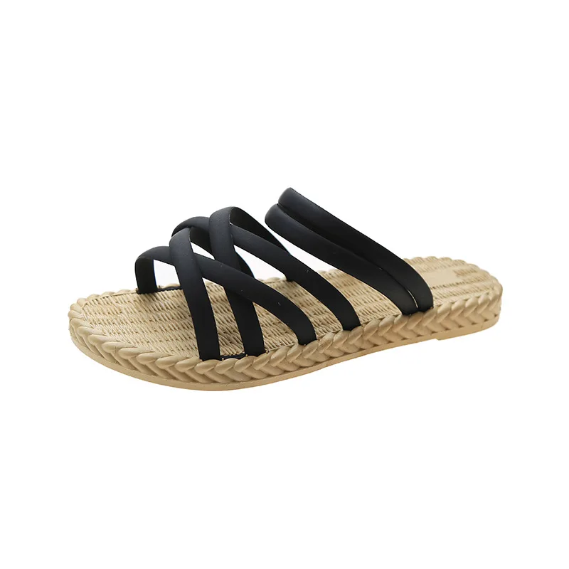 

Summer 2021 Trend Faux Hemp Sole PVC Cross-tied Strap Platform Flat Open Toe Outdoor Beach Slides Casual Fashion Shoes Ladies