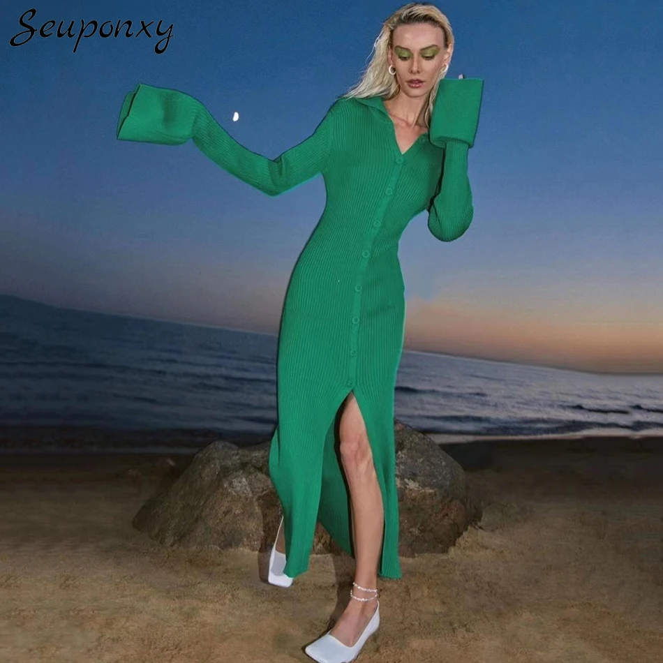 

High Quality Autumn Bodycon Knitted Split Dress Green 2022 Women'S Sexy V-Neck Flared Sleeve Single-Breasted Casual Dress