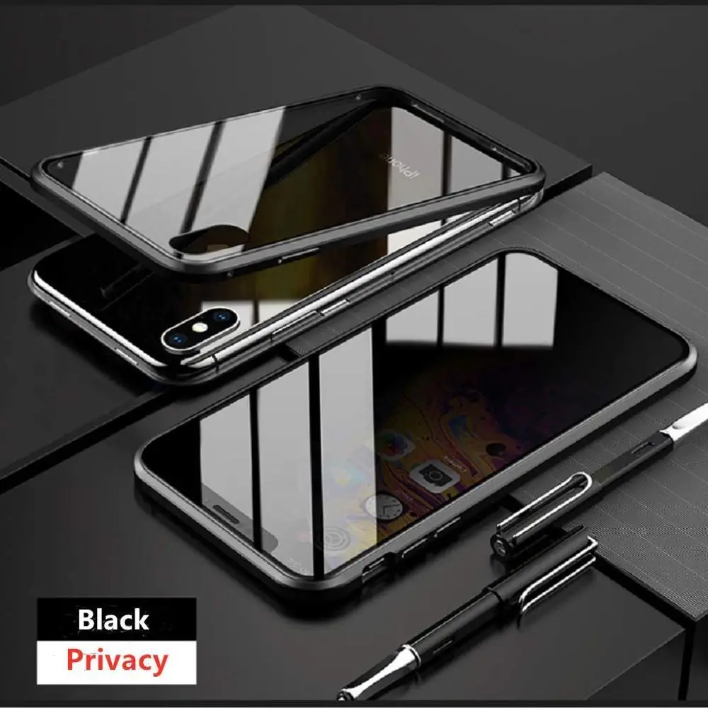 Защитный Магнитный чехол из закаленного стекла для iPhone 11 Pro Max XS MAX XR X 8 7 6s 6 Plus, магнитный металлический бампер, защита от подзорья - Цвет: Черный