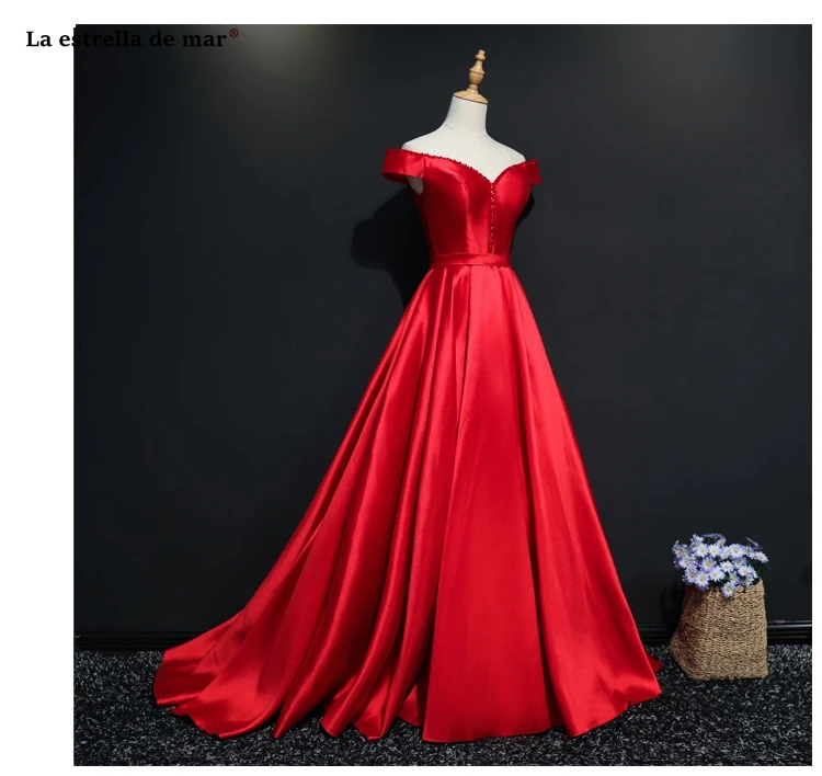 

robe longue femme new satin crystal V neck OFF shoulder A Line elegant red bridesmaid dress long vestido boda mujer invitada