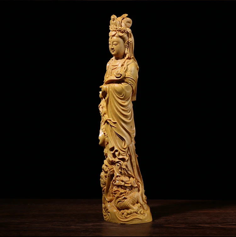 

Boxwood 20cm 23cm Guanyin Sculpture Wood Carving Buddha Statue Guan Yin with Dragon Home Decor
