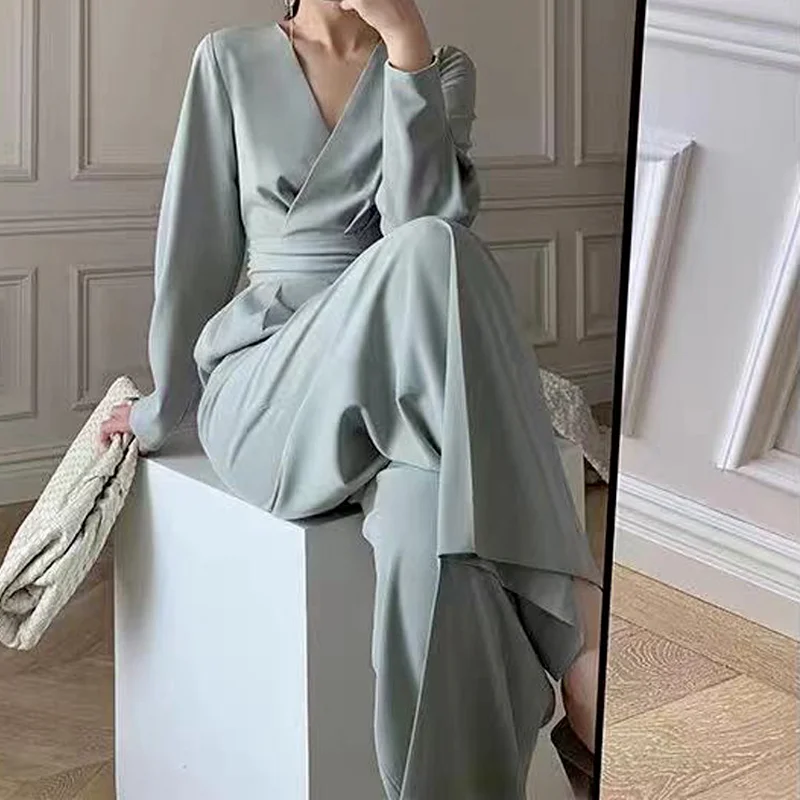 

Office Ladies V-neck Full Sleeve Ladies Jumpsuit Elegant Temperament Slim Wide Leg Loose Jumpsuit Ladies Jumpsuit Spring 2021