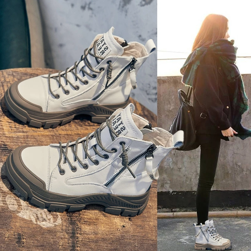 

Осенние повседневные спортивные женские ботинки из натуральной кожи, женские мотоциклетные Ботильоны на молнии с прострочкой, женские ули...