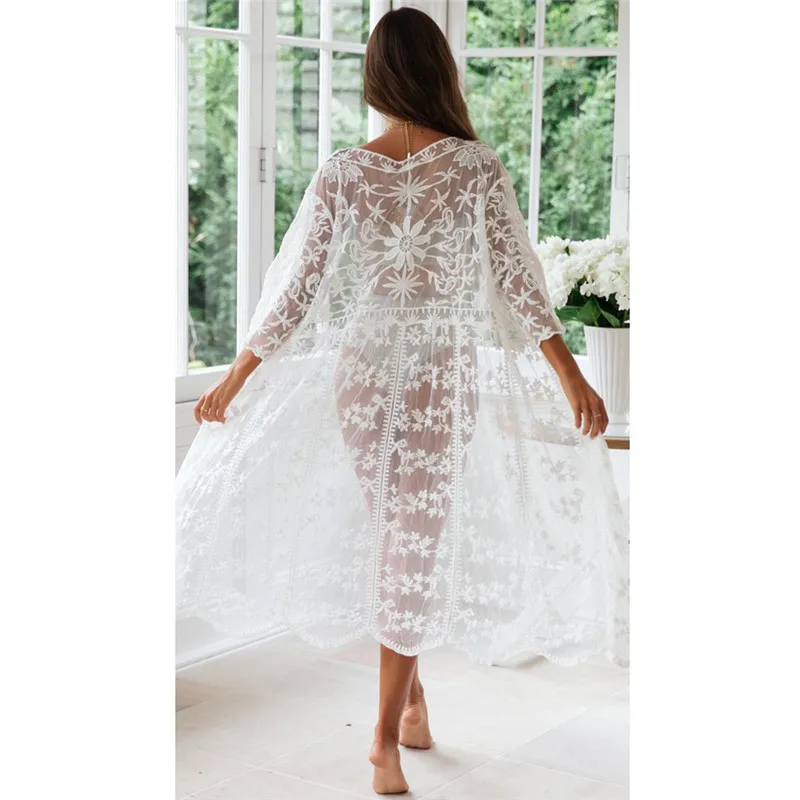 

Sexy Women Beach Dress Florla Sheer Lace Bikini Cover Up Summer Cardigan Swimwear Beach Long Dress Swimwear Cover Up Beach Wear