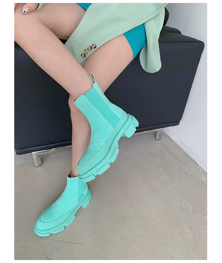 

Genuine Leather Cow Suede Thick-soled Green Chelsea Boots All-match British Style Round Toe Slip-On Short Woman Boots Winter