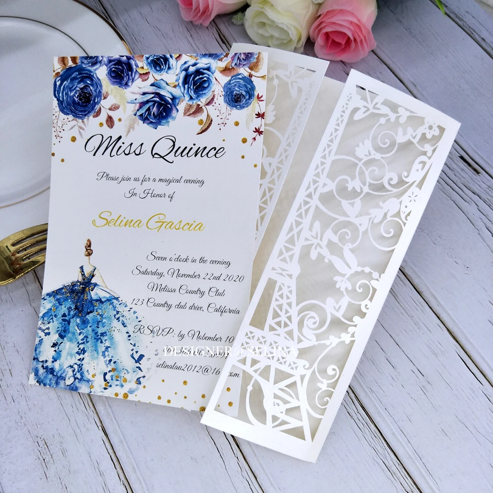 Распродажа 20 + цветных приглашений с лазерной гравировкой и печатью для Quinceanera