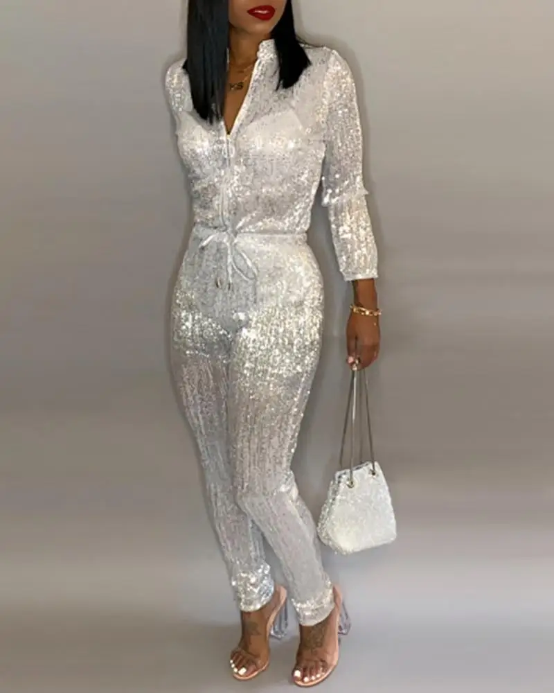 2020 Women Elegant Fashion Stylish Jumpsuits Female Long Sleeve Club Party Romper Sequins Zipped Design Tied Waist Jumpsuit