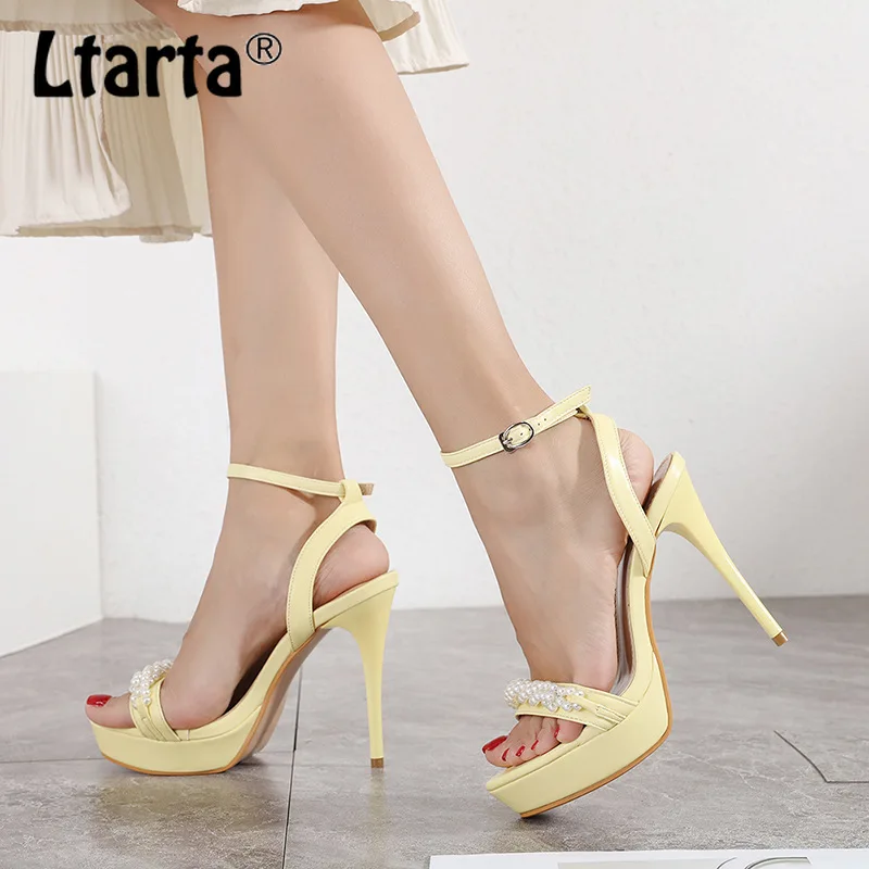 

LTARTA Women's Shoes Summer Fashion High Heels Women Waterproof Platform One Word Buckle String Pearl Open Toe Sandals CWF