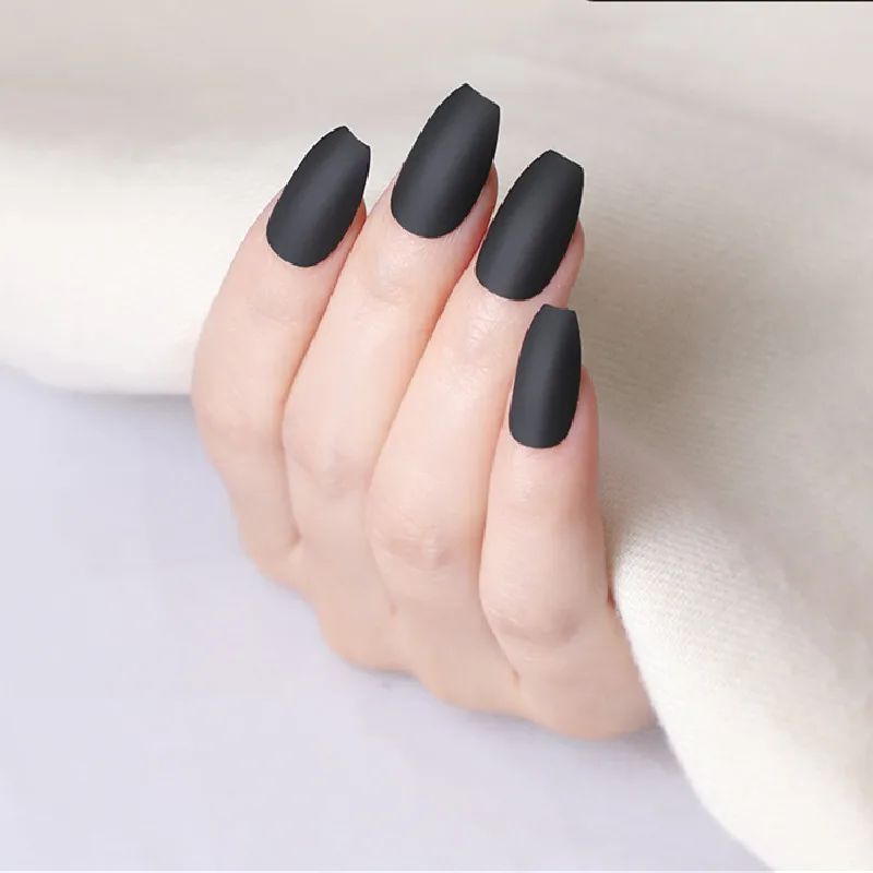 

Matte Black Fake Nails Short Full Cover Impress Press On Nails With Glue Sticker Artificial Faux Ongles Noir Nail Tips Extension