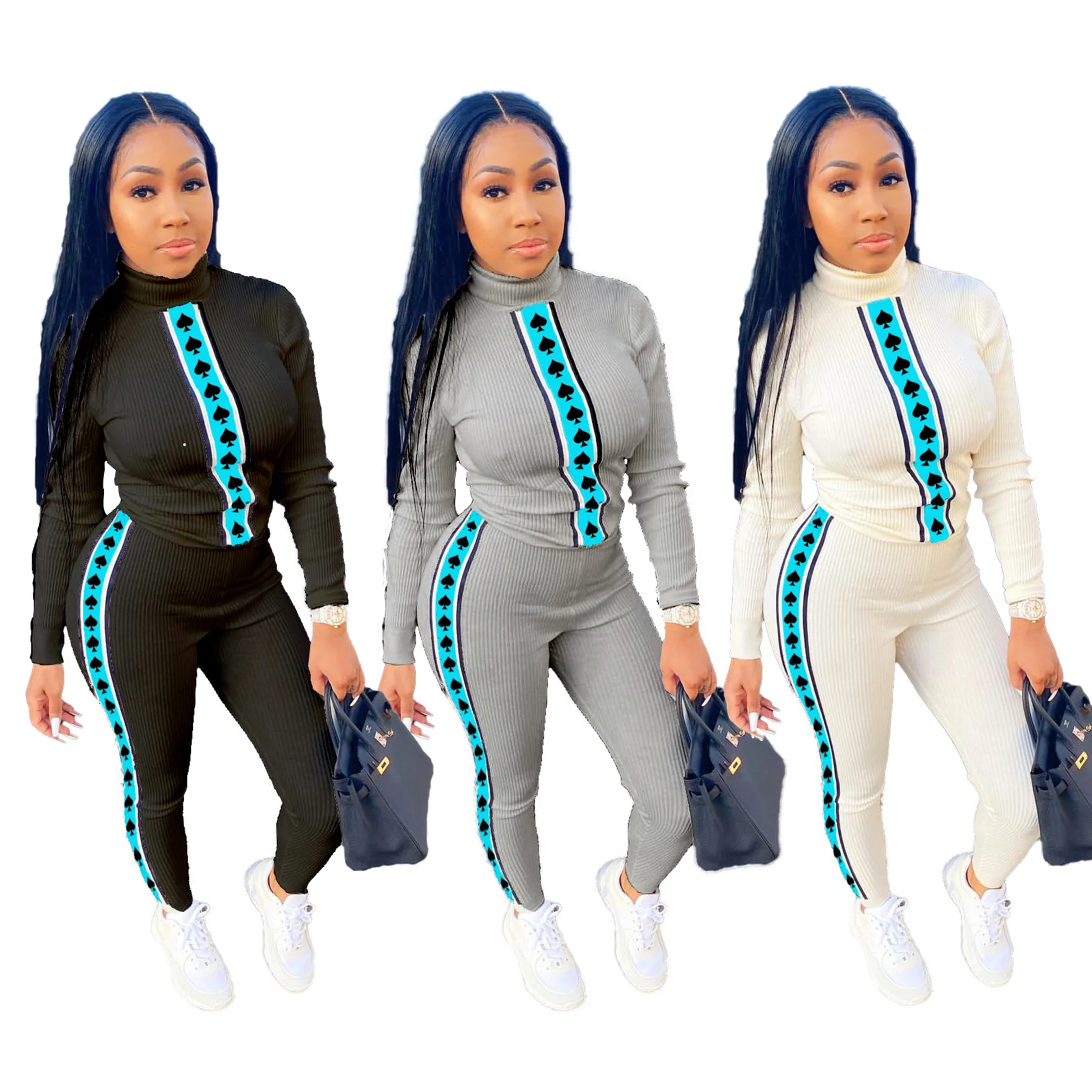 

Women Rib Knitted Two Piece Set Fall Tracksuit Long Sleeve Top and Pants Suit Lounge Wear Outfits 2 Pieces Matching Sets