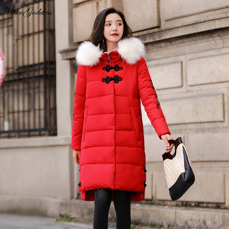 Женская винтажная куртка с вышивкой Moko2020 длинная парка капюшоном дизайнерское
