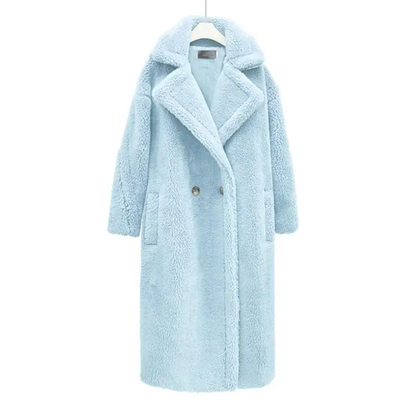 light blue Новинка, пальто из искусственного меха, длинное пальто для женщин, пальто из меха ягненка, 10 цветов, плотное пальто для женщин, зимнее плотное шерстяное пальто - Цвет: light blue