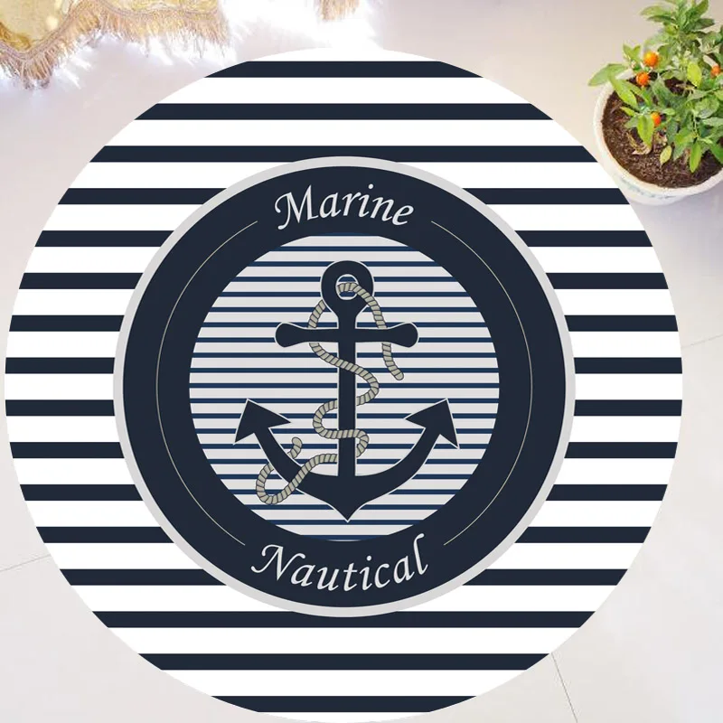 

Classic Marine Nautical Navy Blue Striped Anchor Home Decor Stripes Anchor Ropes Round Rug Carpet for Kids Room Large Mats 120