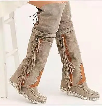 Fashion Bohemia Knee-length Women Boots Ethnic Personality High Boots Tassels Faux Suede Boots Girl Flat Bottom Long Botas Mujer