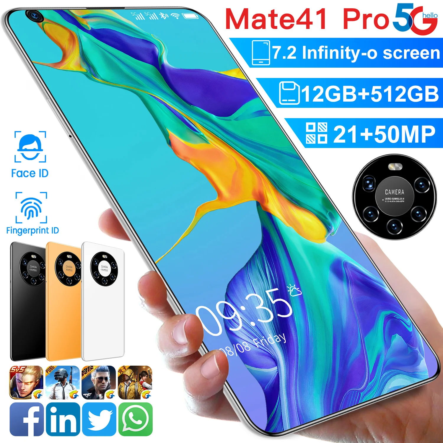 

Global Version Smartphone Mate41 Pro 7.2Inch 4G 5G Android 10.0 Deca Core 6000mah 21MP+50MP 12GB+512GB Dual SIM Mobile Phones