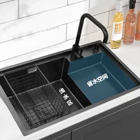 78*46*23CM Black Nano 304 Stainless Steel Sink Kitchen High and Low Sink Single Basin Hand Sink Large Step Type