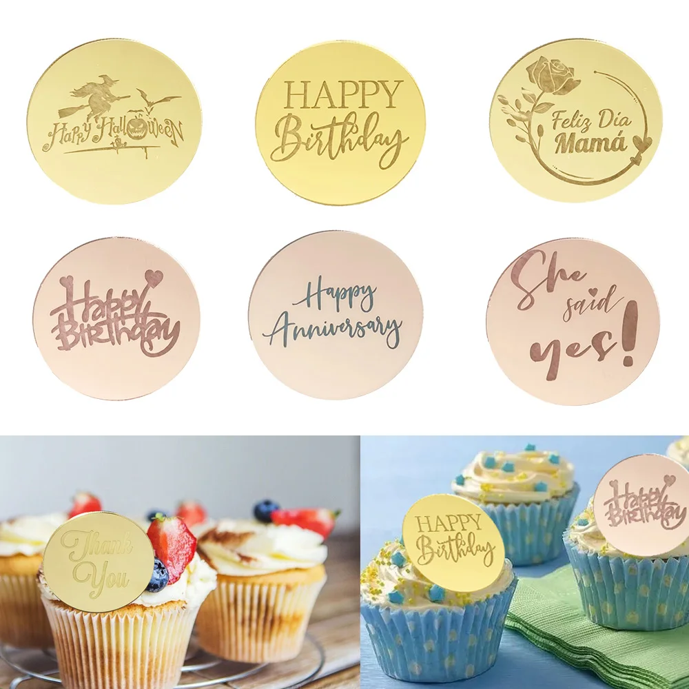

5PCS Happy birthday Cupcakes Topper Acrylic Bride Wedding Anniversary 5 cm Circle Cake Topper for Party Cake decoration