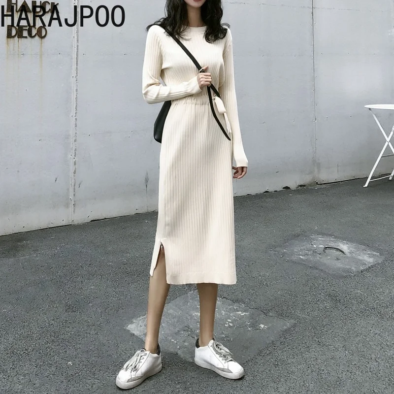 

Harajpoo Women Dresses French Solid Color White Simplee Autumn 2021 Korean ONeck Long Sleeve Slim Knit Slit Vintage Clothes